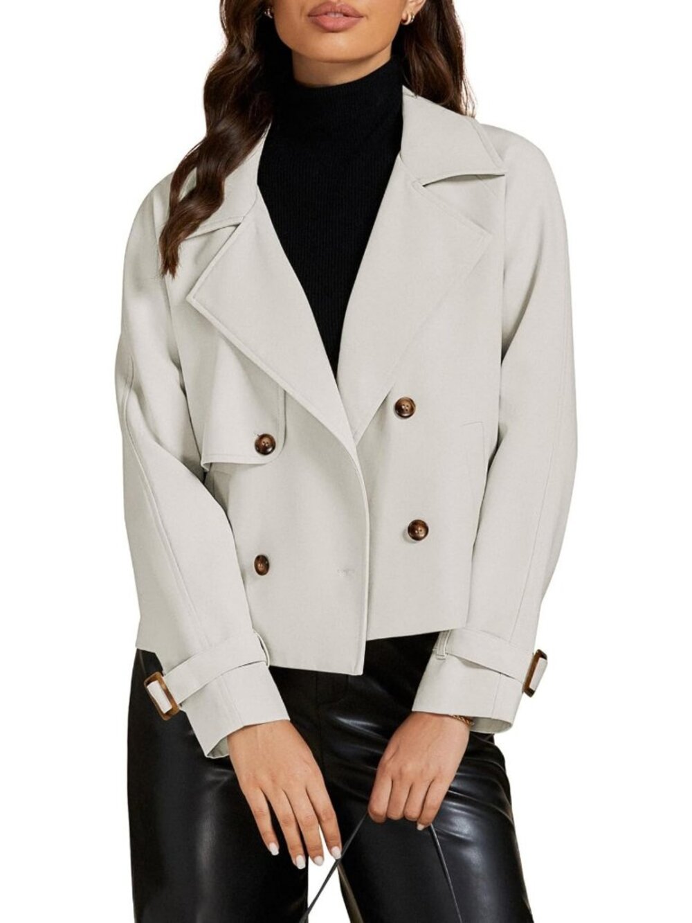 Cropped Trench Coat for Women | Long Sleeve, Double Breasted, Casual Jacket with